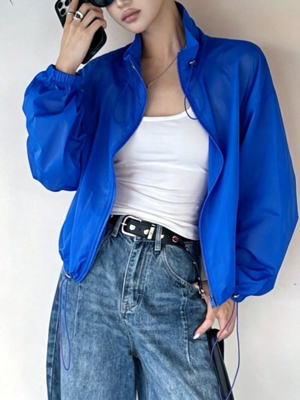 Blue Casual Women's Loose Fit Funnel Neck Zip Pocket Short Jacket - Picture 7 of 7